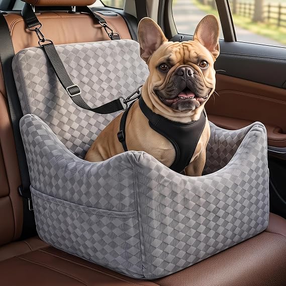 Topmart Dog Car Seat for Small Medium Dogs Under 35lbs, Cozy Pet Seat | Foam Safety Dog Booster Seat for Back Seat, Pet Bed for Car with Safety Tether, Storage Pockets, Machine Washable Cover, Grey