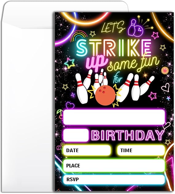 Strike Bowling Birthday Party Invitation 20 Bowling Theme Neon Birthday Invitation With Envelopes for Boys Girls Party Invite Cards -46 inch-B015