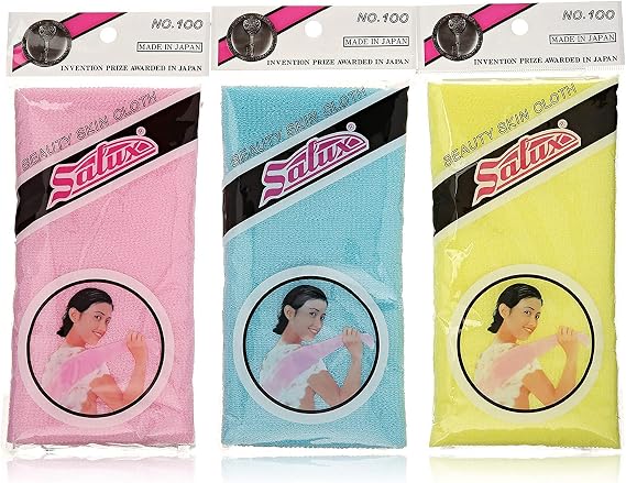 Salux Nylon Japanese Beauty Skin Bath Wash Cloth/towel (3) Blue Yellow and Pink