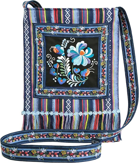 Leimandy Boho Embroidered Crossbody Bag - Vintage Floral Hippie Style Shoulder Bag with Pocket, 11x11 Inch L6