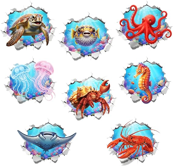 PLIGREAT 8 Pcs 3D Marine Animals Wall Decals, Under The Sea World Wall Stickers Removable Vinly Sea Turtle Jellyfish Mural Stickers for Bathroom Nursery Cupboard Wall Home DIY Decor