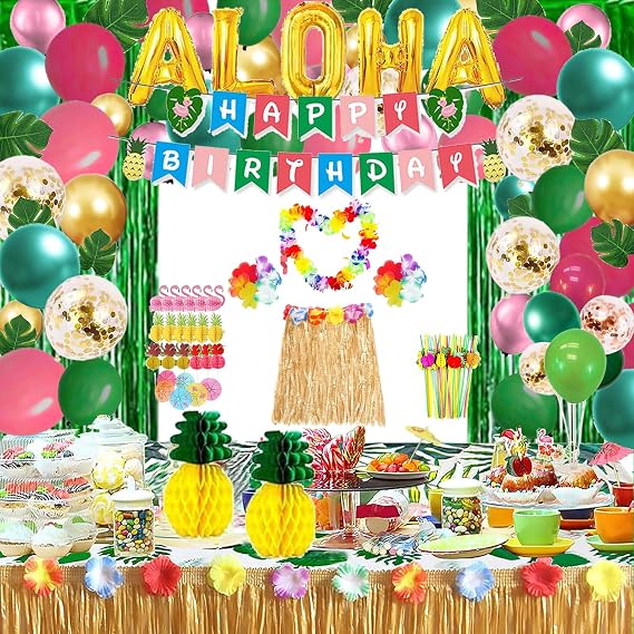Luau Party Decorations(178Pcs), Hawaiian Party Decorations Kit For Adults - ALOHA Banner,Tassel Curtain,Balloons ,Cake Topper, Straws,Garland