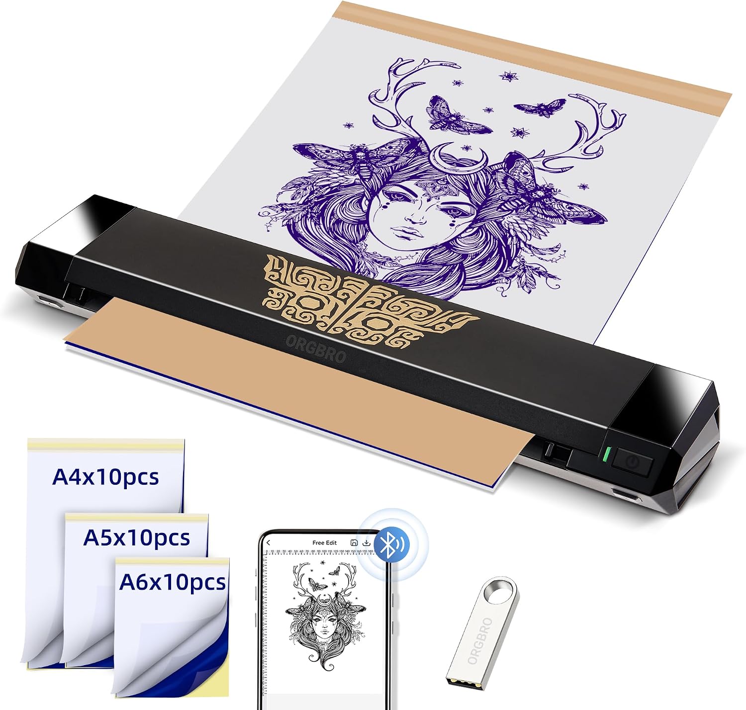 ORGBRO Tattoo Stencil Printer, X8 Thermal Tattoo Printer with 30pcs Transfer Paper, Portable Bluetooth Wireless Tattoo Machine for Professional Artists & Beginners, Compatible with PhoneTabletPC