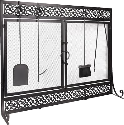 Doppy Metal Fireplace Screen Scrollwork Black, 39 x 31 Inch Fireplace Screen,Two-Doors Large Flat Guard Screens,Baby Safe Spark Guard Protector Wood Burning Stove Decorative Accessories.