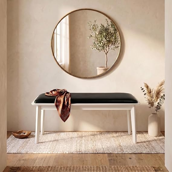 Kmax Entryway Bench, 35" Small Dining Bench with Wood Leg Rustic Upholstered Window Bench for Entrance Dining Room Living Room - PU Black, White Legs