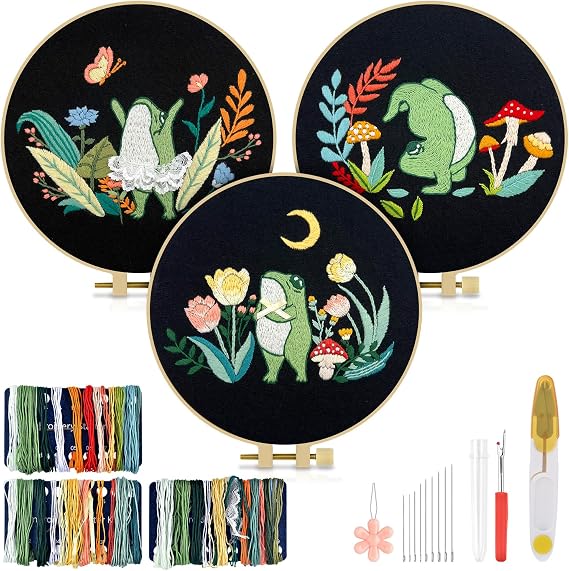 TINDTOP 3 Sets Embroidery Kit for Adults, Frog Embroidery Practice Kit