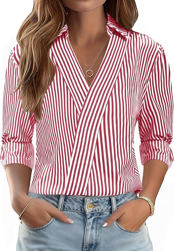 LOMON 3/4 Length Sleeve Womens Tops Dressy V Neck Collared Dress Shirts