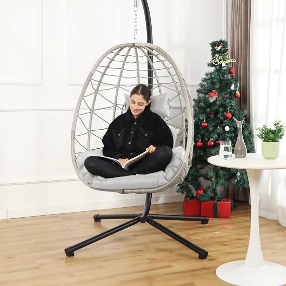 DoubleTT Egg Chair with Stand, Swing Chair Hanging Chair Nest Basket, UV Resistant Removable & Washable Cushions,350LBS Capacity for Bedroom, Balcony, Garden(BE-LG