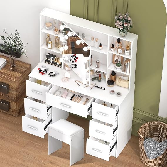 Large Dressing Table, White Vanity Desk with 10 LED Light, 7 Drawer and Hidden Storage Shelves, 6 Open Shelves, Adjustable Brightness Large HD Mirror Vanity for Women, White with Stool