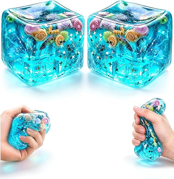 2Pcs Blue Cube Stress Balls, Squishy Fidget Toys with Ocean Shells