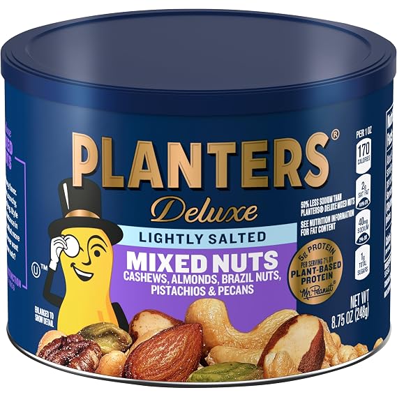 PLANTERS Deluxe Lightly Salted Mixed Nuts, Plant Based Protein, 8.75 Oz | Mixed Nuts: Almonds, Cashews, Brazil Nuts, Pistachios, Pecans. Snacks for Adults. Resealable Canister. Party Snack