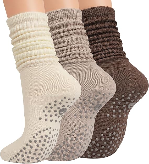 Pilates Socks with Grips for Women, Yoga Barre Slouch Socks 3 Pairs