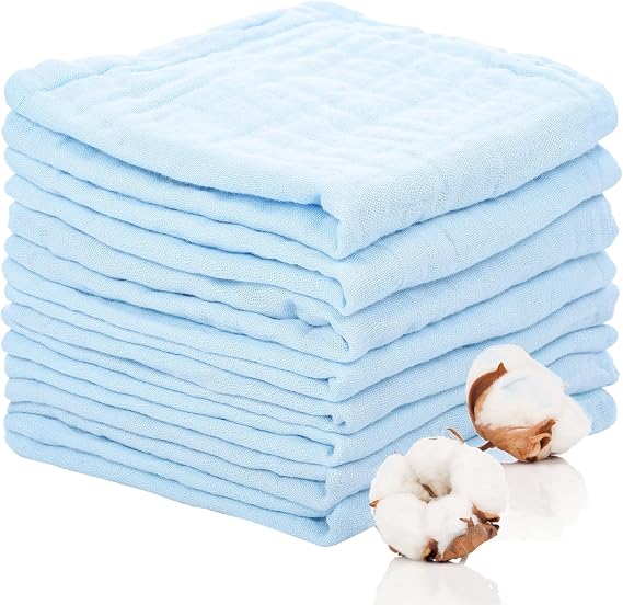 Lanjue 8 Pack Muslin Cloths for Baby, 6 Layers Cotton, 12 x 12 In, Blue