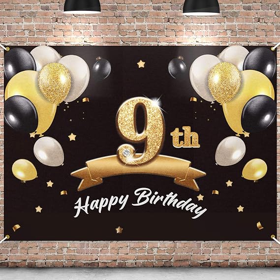 Happy 9th Birthday Banner Backdrop - 9 Birthday Party Decorations Supplies for Boys - Black Gold 4 x 6ft