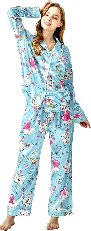 Silk Satin Pajamas Set for Women Button Down 2 Piece Pjs Long Sleeve Oversized Sleepwear with Pockets