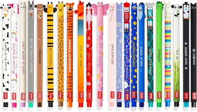 Legami Set of 22 Erasable Gel Pens with Thermosensitive Erase Ink, Range of ink colours & barrel designs, 0.7mm Tip, Animal Designs