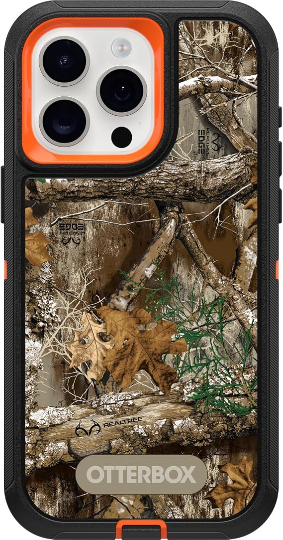 OtterBox iPhone 15 Pro MAX (Yalnızca) Defender Serisi Kılıf - REALTREE EDGE (Parlak Turuncu/Siyah/RT Kenar), sağlam ve dayanıklı, bağlantı noktası korumalı, kılıf klips desteği içerir