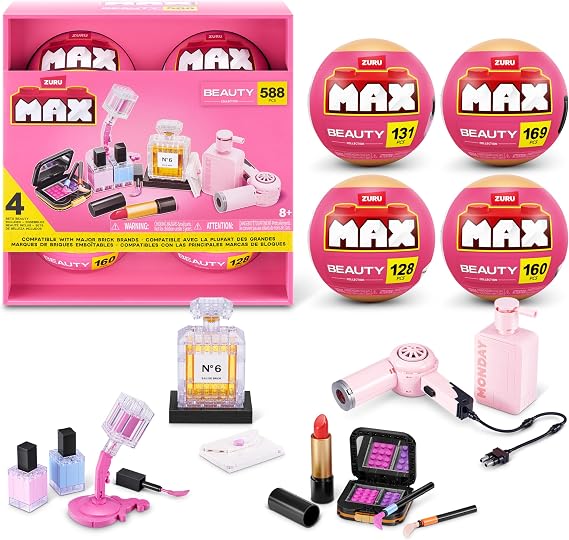Max Build More Premium Beauty Collection 4 Pack by ZURU – Novelty Unboxing Toy &amp; Building Brick Collectible Minis with up to 169 Pieces, Stylish Designs to Build &amp; Display, Ages 8+