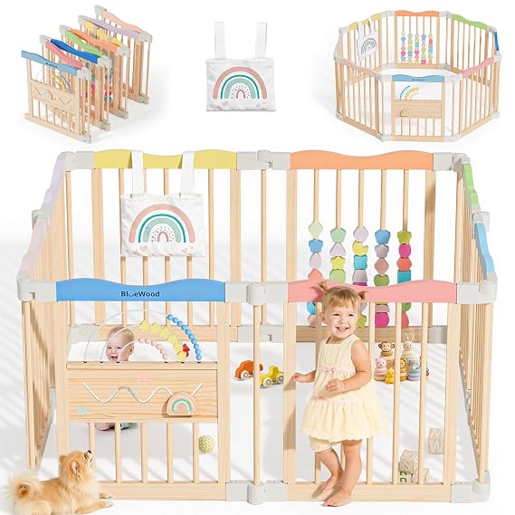 Foldable Wooden Baby Playpen, 45 x 45 x 24 inches, Colorful Dream | Adjustable Wood Play Yard, Indoor Large Safety Fence for Babies and Toddlers, Built-in Toys Design