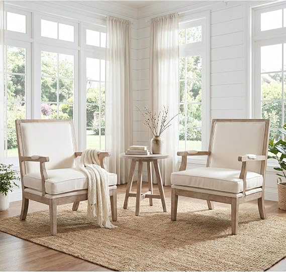 Modern Farmhouse Accent Chairs Set of 2, Wide Upholstered Living Room Chairs with Armrest Pads, Coastal French Country Wooden Armchairs for Bedroom Guest Room, Cream White Linen Fabric