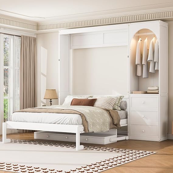 YOPTO Murphy Bed Queen Size,Murphy Bed with Stoarge Shelf,White
