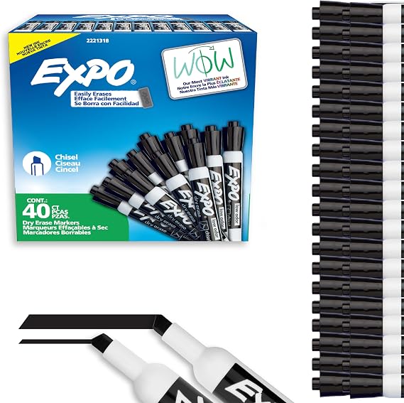 EXPO Dry Erase Markers, Low Odor Ink, Black, Chisel Tip, 40 Count - Whiteboard, Calendar, Organization, Essential Supplies for Office, School, Classroom, Teachers