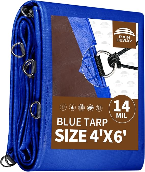 RAINDEWAY 4x6 Feet Heavy Duty Tarp with D Rings and Reinforced Edges,14Mil