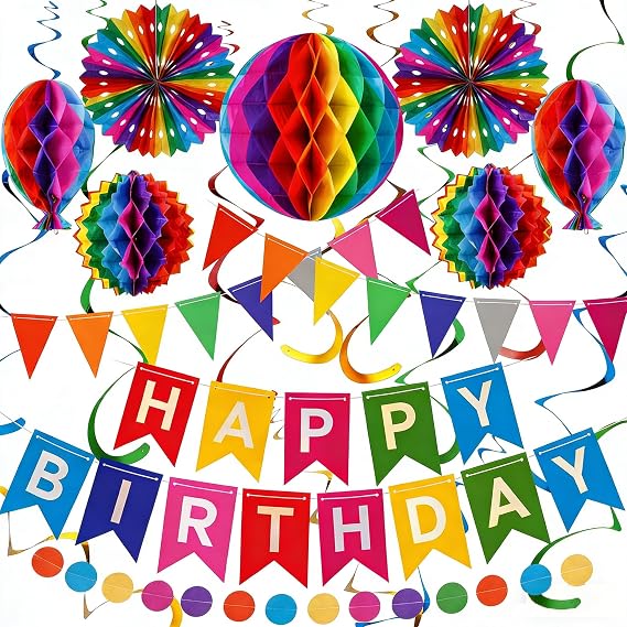 Rainbow Reusable Birthday Decoration Set - Happy Birthday Banner, Bunting, Paper Fans and Honeycomb Decorations, Streamers Set, Colourful Paper Rainbow Party Decorations for Girls and Womens