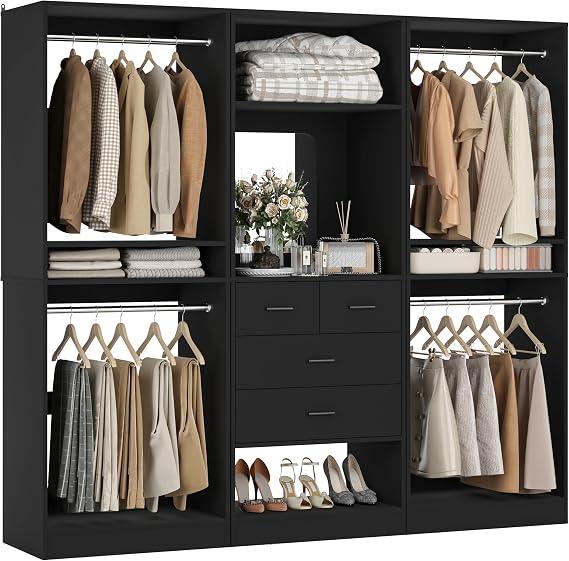 Unikito 6.3FT Closet System with Mirror, 4 Drawers and Hanging Rods, Black