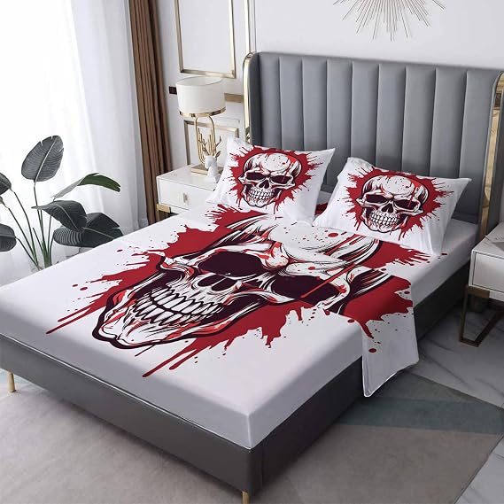 Twin Sheets Set - Skull Bed Sheets, Horror Bedding Sheets & Pillowcases, Soft Microfiber & Deep Pocket & Wrinkle Free Patterned Sheet Set, 3 Piece (1 Fitted Sheet, 1 Flat Sheet, 1 Pillow Case)