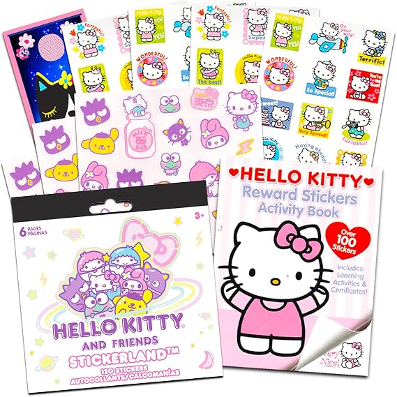 Hello Sanrio Kitty Sticker Books for Kids, Adults Super Set ~ 3 Pc Bundle with Over 200 Hello Kitty Stickers and More (10 Sticker Sheets Hello Kitty Party Favors)