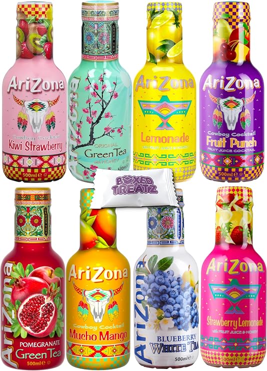 Arizona Tea Mix Bundle - 8 Flavours | Blueberry White Tea, Fruit Punch, Kiwi Strawberry, Watermelon + More | PACK OF 6x500ml MIX 1pc Each - 6 Flavours Boxed Treatz