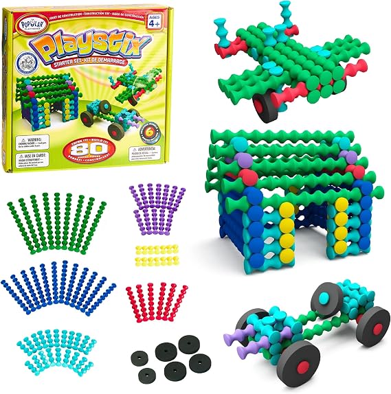 POPULAR PLAYTHINGS Playstix, Building Sticks Kit for Kids, Construction Stem Building Toy Gift for Boys & Girls - Starter Set 80 Piece