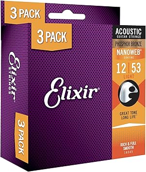 Elixir Strings, Acoustic Guitar Strings, Phosphor Bronze with NANOWEB Coating, Longest-Lasting Rich Tone with Comfortable Feel, 6 String Set, 3 Pack, Light 12-53