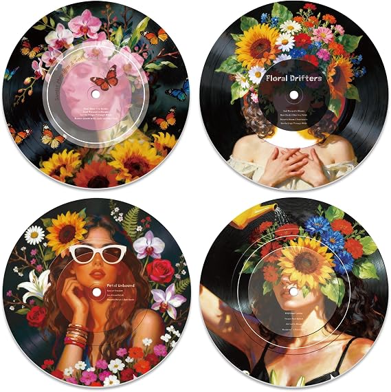 DOODLREAM 4PCS Floral Female Portrait Vinyl Record Wall Decor 30 cm Hippy Flower Lady Wall Art Posters for Room Aesthetic, Retro Record Decor for Music Party Studio Living Room DIY Craft Project