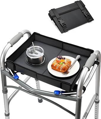 FANGSUN Walker Tray for Folding Walker 2.0 Upgraded Detachable Tray for Walkers with Extended Straps & Cup Holder, Fits Rolling Walkers with Side Bars, Mobility Accessory for Seniors