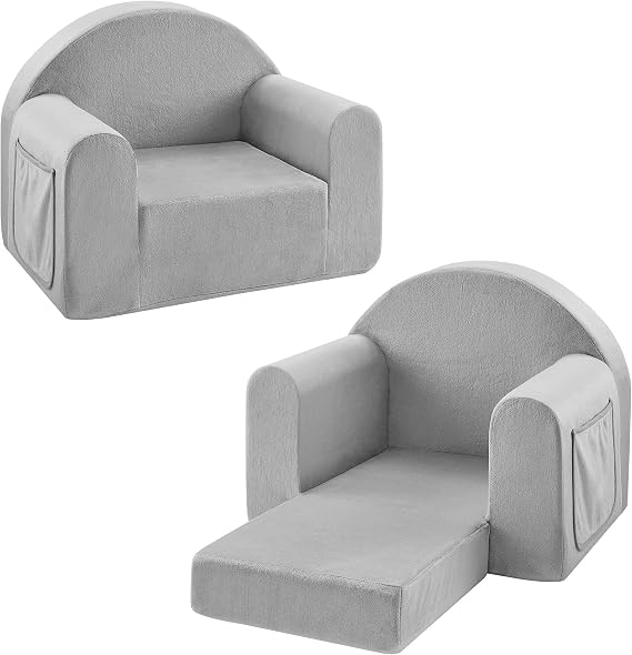 Ulax furniture Kids Sofa Couch, Toddler Armrest Chair, 2-in-1 Convertible Sofa to Lounger (Grey)