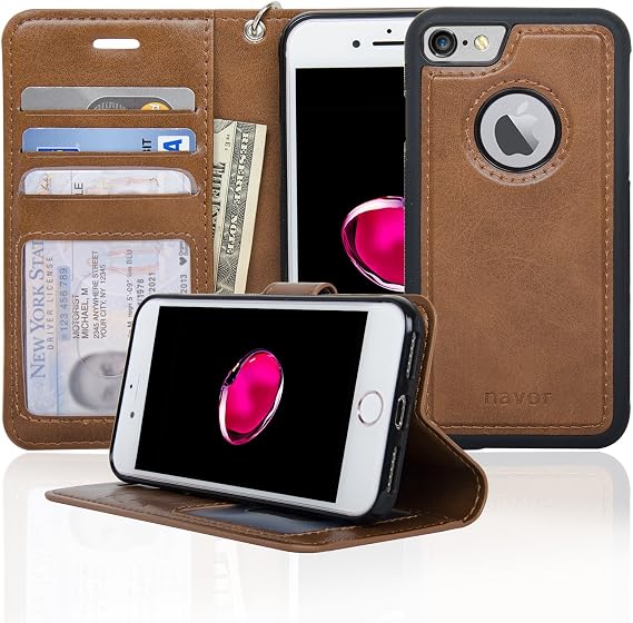 navor Auto Align Detachable Magnetic Wallet Case Compatible for iPhone 7 & 8 [RFID Theft Protection] JOOT-1L Series - Brown (IP71LBR)