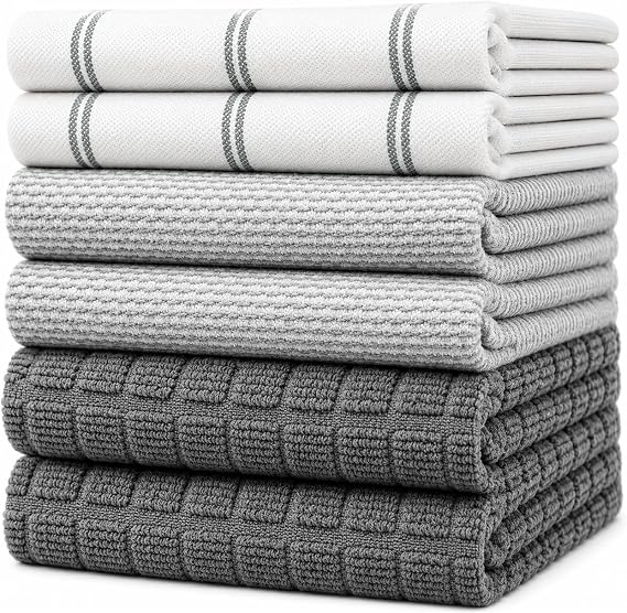 Premium Kitchen Towels 6 Pack 100% Cotton, 20"x28" Dish Towels - Grey Check | Large Flat & Terry Kitchen Linen Set with Hanging Loops, Highly Absorbent for Washing and Drying Dishes