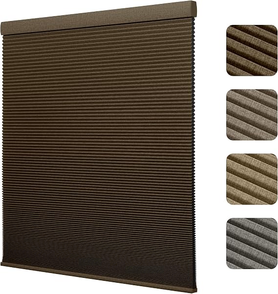 Boolegon Cordless Cellular Shades, Blackout Brown, Customized Size | Linen Pattern Blackout Honeycomb Shades for Windows Pull Down Honeycomb Privacy Blinds for Bedroom Office Thermal Insulated