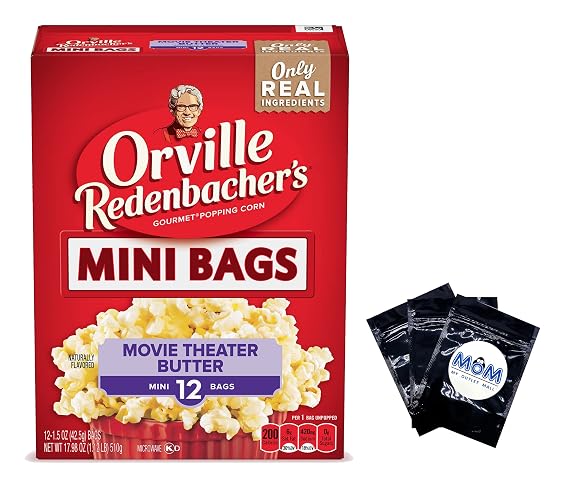 Microwave Popcorn Mini Bags Bundle Includes Orville Redenbacher Movie Theater Butter Popcorn with 12 Mini Popcorn Bags 17.98 oz plus 3 My Outlet Mall Resealable Portable Storage Pouches