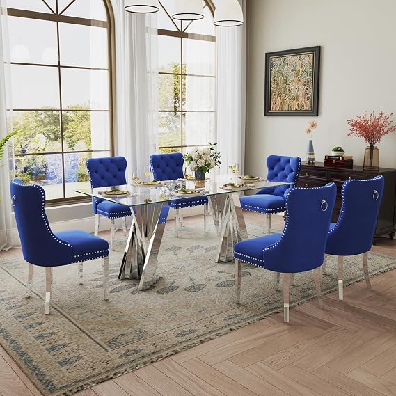 Modern Glass Dining Table Set for 6, Luxury 70" Silver Glass Kitchen Table with Stainless Steel Base, 7-Piece Dinner Room Set with 6 Blue Velvet Upholstered Dining Chair (Silver,Blue)
