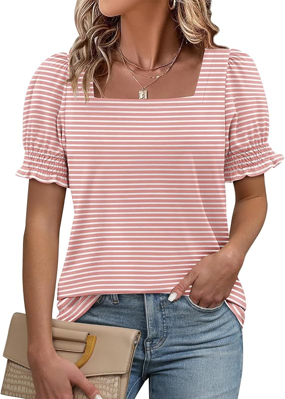 ATHMILE Womens Summer Tops Square Neck Dressy Casual Blouses Ruffle Sleeve Cute Spring Beach Vacation Causal