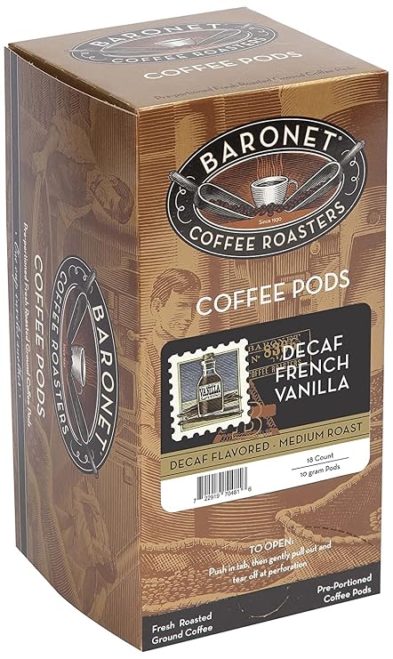Baronet Coffee 10 Gram Coffee Pods, Decaf French Vanila, 54 Pods