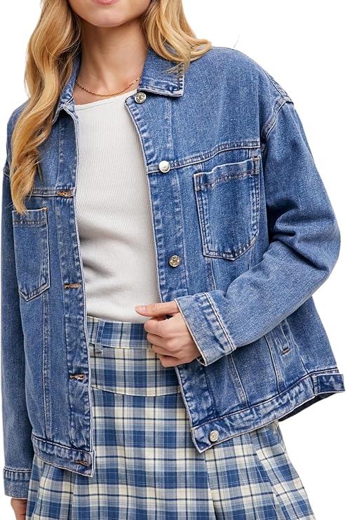 Jenkoon Womens Oversized Denim Jacket Casual Long Sleeve Washed Button Down Fall Jean Coat