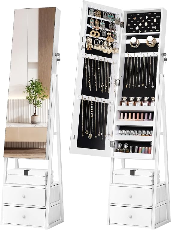 Nicetree Jewelry Cabinet Armoire, 2 Drawers, Full Length Mirror, Pure White