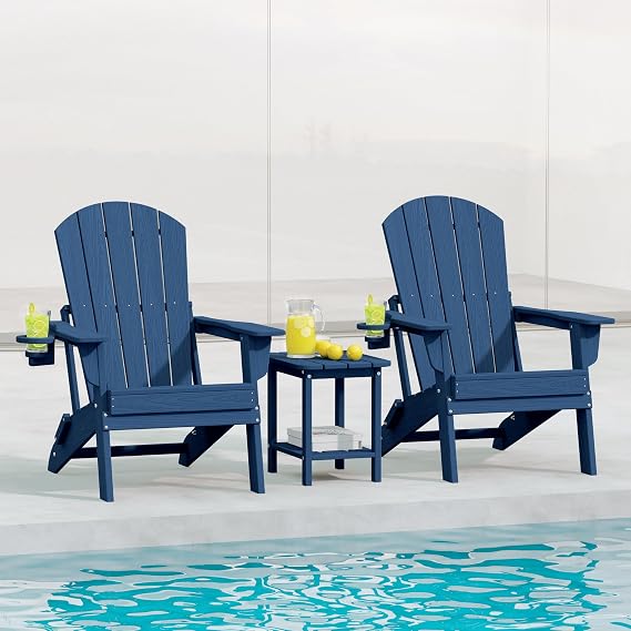 Adirondack Chair Set of 2 with Cup Holders&Table, Navy