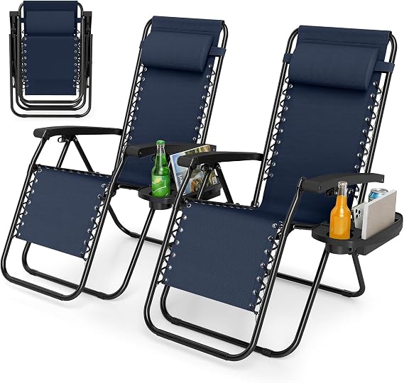 Goplus Zero Gravity Chairs Set of 2, Portable Patio Recliners with Adjustable Backrest & Pillow, Cup Holder Trays, Mesh Seat, Armrests, Ergonomic Folding Lounger Chairs for Camping, Poolside, Patio
