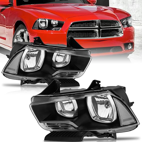 KUIPERAUTO Headlights Assembly Compatible for 2011 2012 2013 2014 Dodge Charger Halogen Black Housing Clear Reflector Front Headlamp Pair