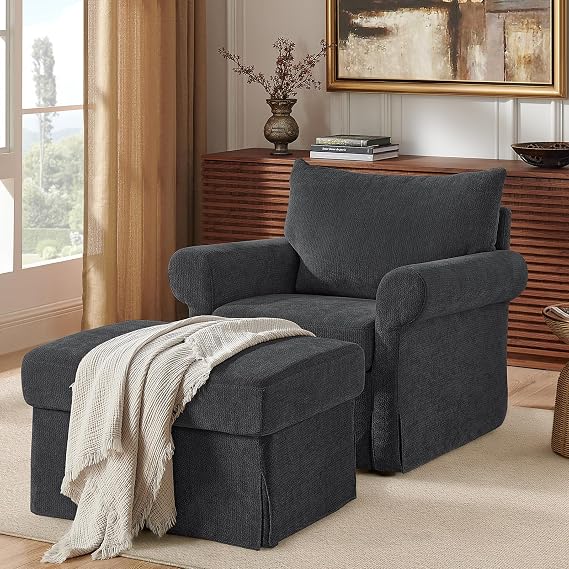 Modern Accent Chairs with Ottoman Set, Charcoal Grey